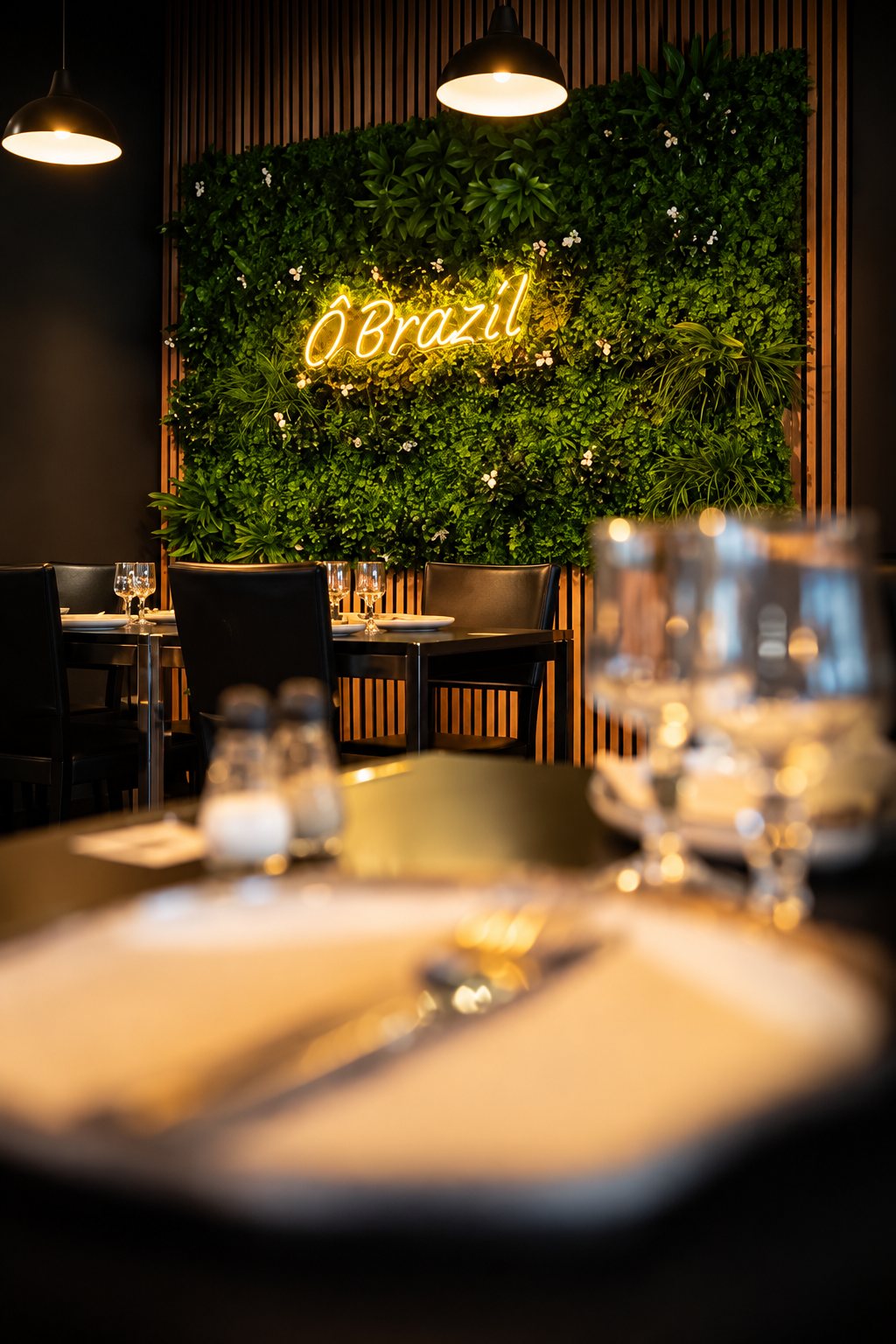 Intérieur tamisé d'un restaurant où une enseigne néon jaune Ô Brazil brille sur un mur végétal, au-dessus de tables dressées avec verres et chaises sombres.
