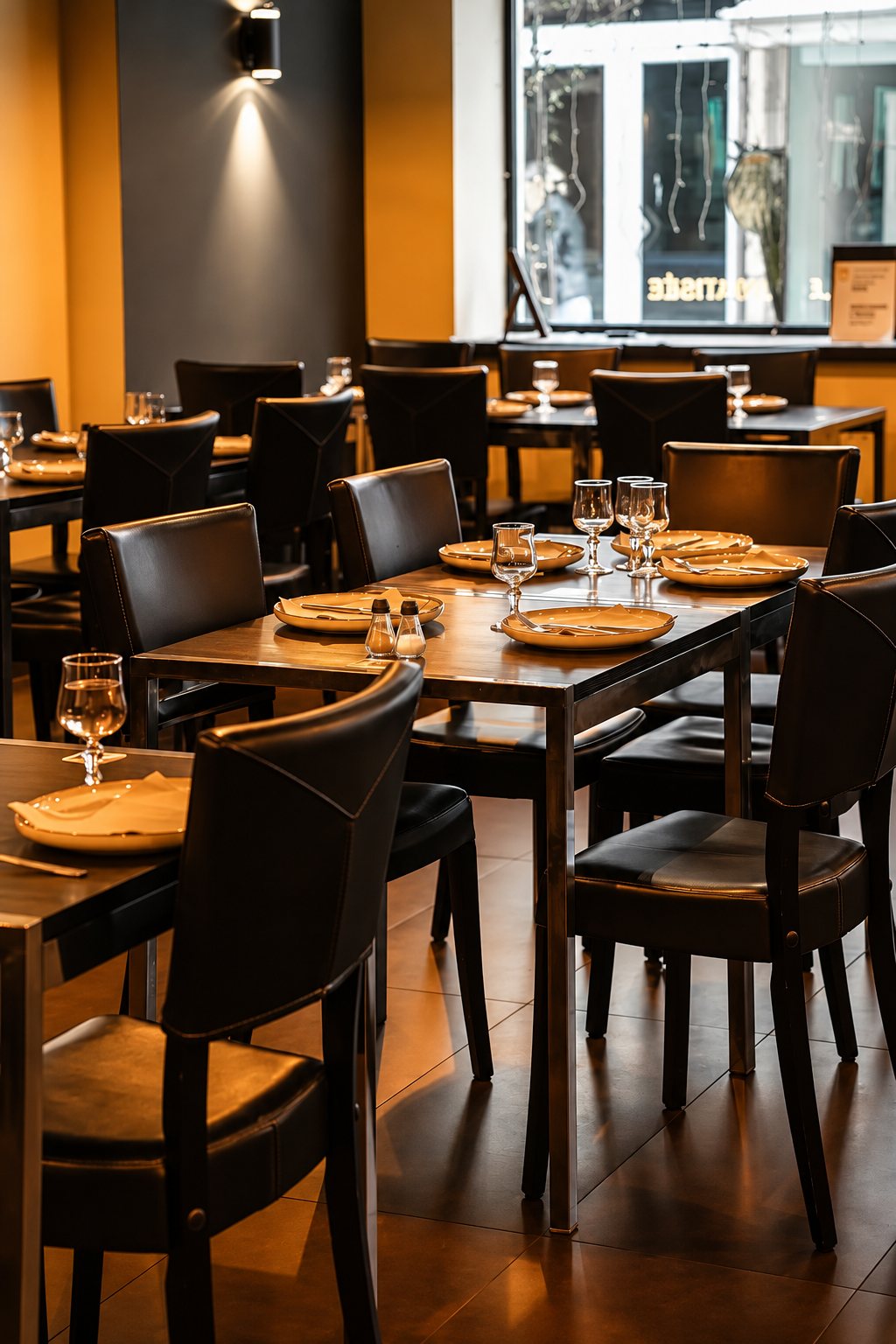 Intérieur d'un restaurant à l'éclairage chaleureux, avec des tables en bois dressées d'assiettes et de verres et des chaises en cuir sombre.